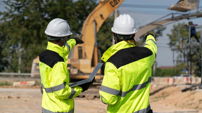 A Caucasian white civil engineer, architect, or construction worker is wearing a safety suit while inspecting building construction on site and verifying blueprints or drawing plans.
