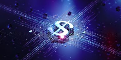 Image of a U.S. dollar sign at the center of a digital crossroad