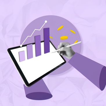 Digital tablet showing rising bar graph with a hand drawing, symbolizing financial growth.