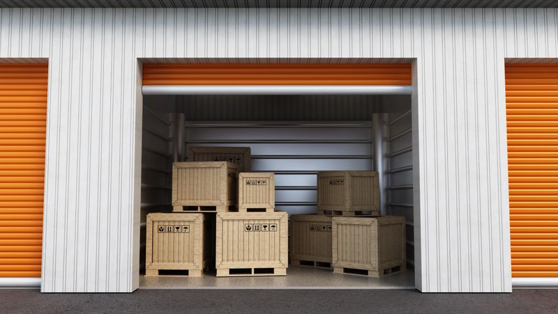 A storage facility displays multiple wooden crates stacked inside a unit. The bright orange doors provide a striking contrast to the neutral exterior, indicating organized storage.