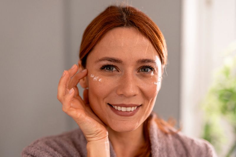 Close-up portrait of a cheerful mid adult woman gently applying moisturizing cream around her eyes, taking care of her skin with a delicate touch
