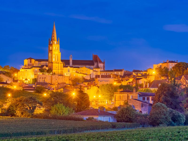 Rustic skyline of the town of Saint-Emilion at dawn, France