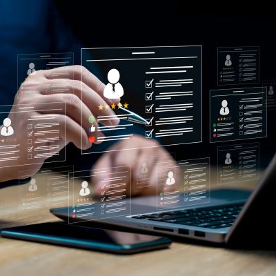 Hand interacting with virtual HR interface over a laptop.