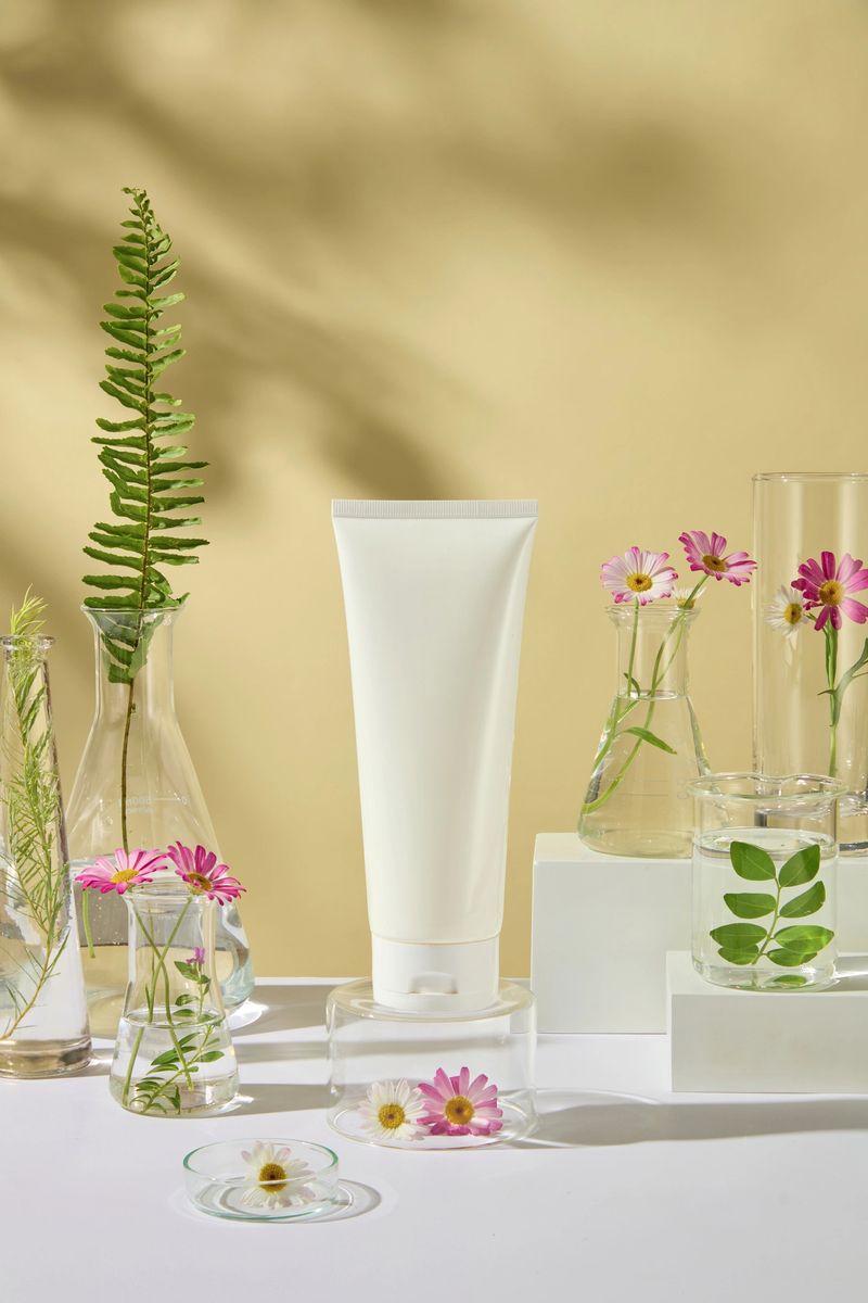 Close-up view of an unbranded cosmetics tube mockup, displayed on a glass podium, decorated by fresh tea trees, ferns, and chamomile branches. Mockup for vegan cosmetics advertisement photo.