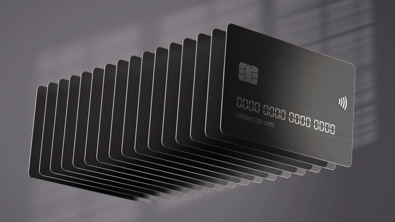 A stack of sleek, metallic credit cards arranged in a dynamic, floating formation against a blurred background.