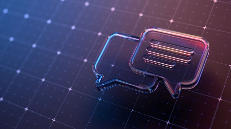Glass-style chat icons are placed on a futuristic glowing grid, depicting advanced communication and networking technology. The image conveys themes of innovation in online communication, chatbot technology and online support