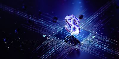 A glowing digital dollar symbol emerging from a high-tech blockchain network, representing the digit