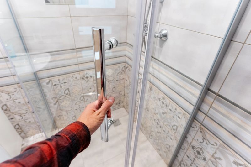 A person is gently opening a sleek glass shower door in a beautifully designed modern bathroom, creating an inviting atmosphere and enhancing the sense of spaciousness in the space