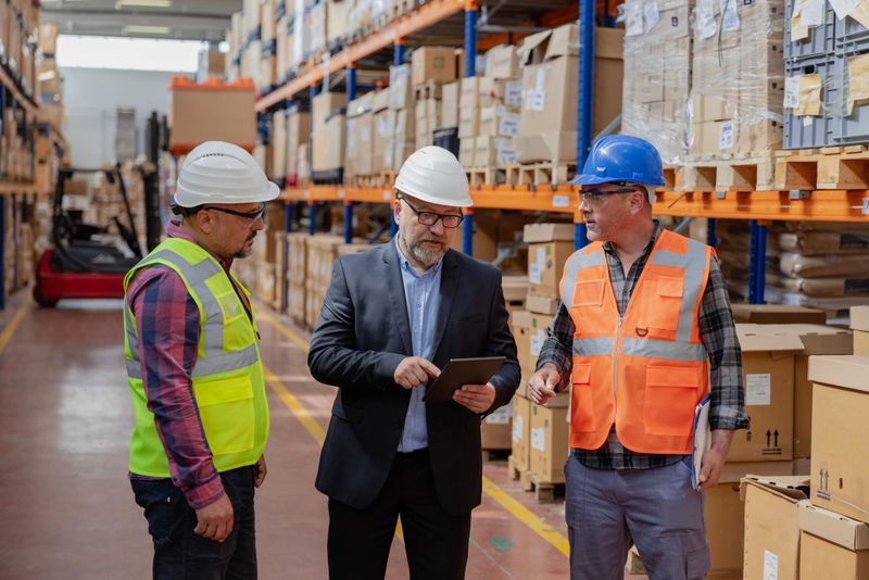 Efficient Collaboration: Engineer, Manager, and Industrial Worker Team Controlling Production Line with Tablet in Factory Warehouse. Witness the power of efficient collaboration as a dedicated team comprising a male engineer, mid-adult CEO manager, and industrial worker work together in reflective clothing and crash helmets, utilizing a tablet computer to control the production line at the manufacturing plant in the factory warehouse. This compelling image captures their expertise and focuses as they discuss ongoing projects and ensure smooth operations. Experience the seamless integration of technology and teamwork in this dynamic industrial environment.