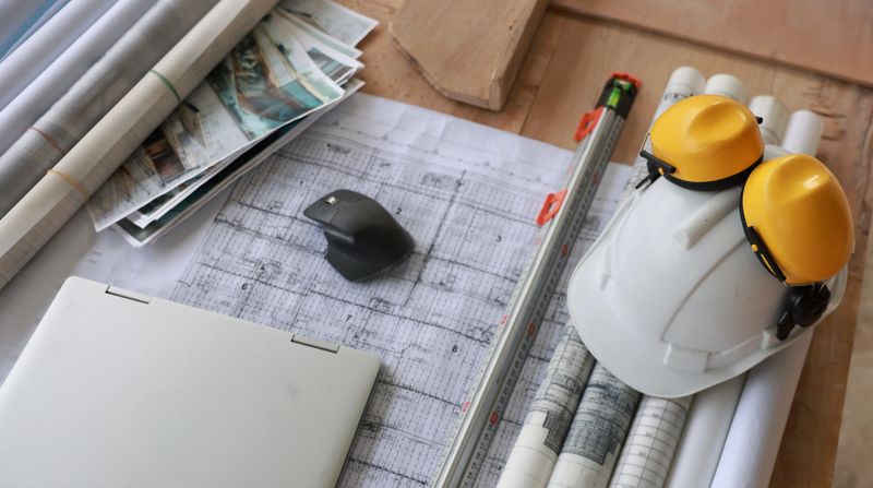 Construction equipment. Home and Building construction , laptop on drawing and safety hardhat at construction site