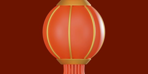 Red Chinese lantern with golden accents on a dark red background.