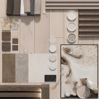 Neutral-toned material and paint samples on a light wooden surface.