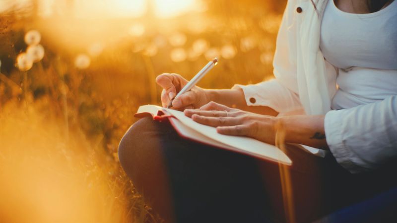 Caucasian writer in white attire pens thoughts in leather journal while seated among dandelions, bathed in warm evening sunlight.