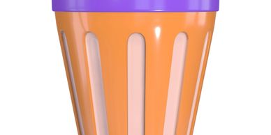 Colorful trash bin with orange body and purple lid.