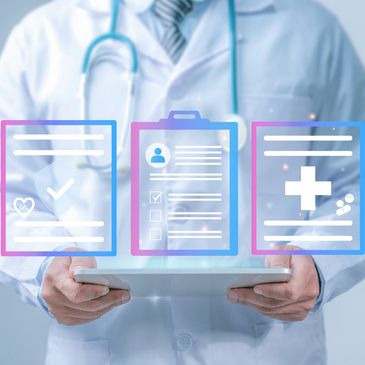 Doctor holding a tablet with digital health records icons floating above.