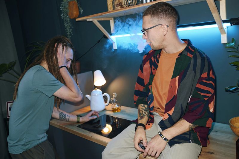 Young people smoking together while sitting in the kitchen at home party