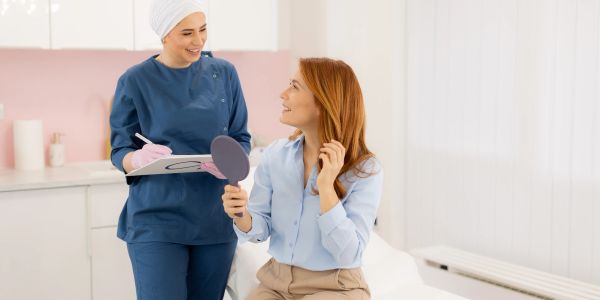 Woman consulting with a healthcare professional in a clinic.