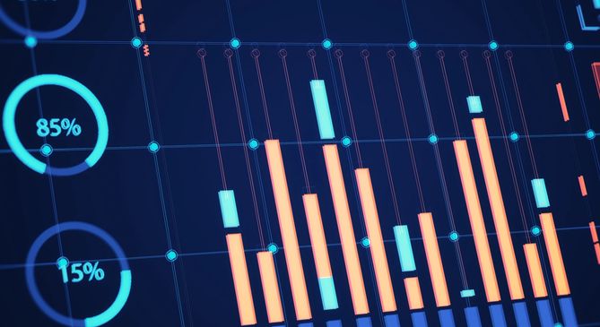 Digital financial chart with bar graphs and percentages showing data analysis.