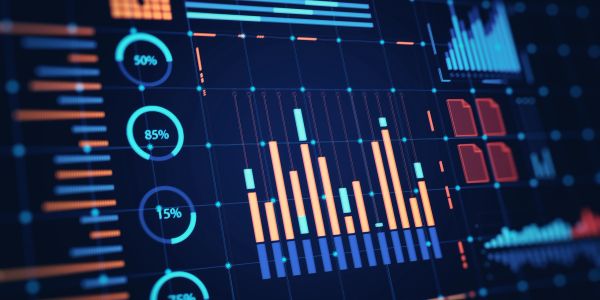 Data visualization on a digital dashboard showing percentages and bar charts.