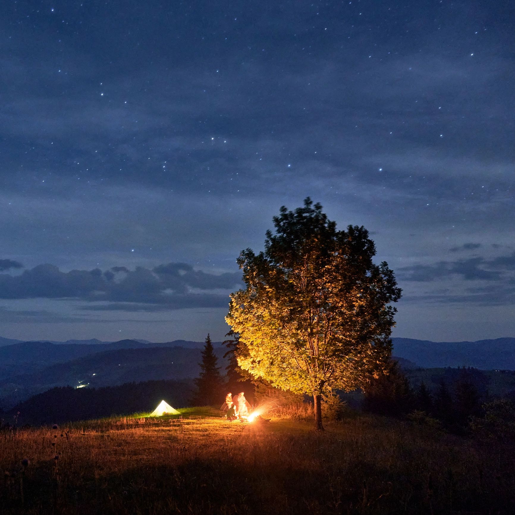 A starry night sky above a campfire with a tent and tree.