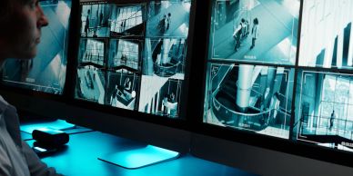 Person monitoring multiple security camera feeds on computer screens.