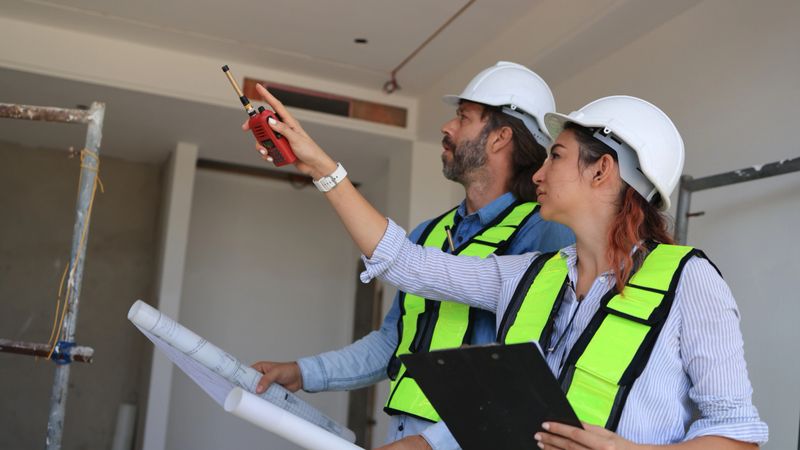 Caucasian civil construction engineers inspect homes for defects before handing them to clients. They examine the reconstructed construction site, checking every detail.