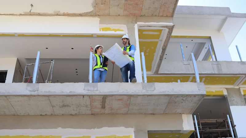 House construction. Architects working on the project.Man and Woman with hard hats and PPE vests discussing plans with blueprints on the floor level of a construction site  looking up