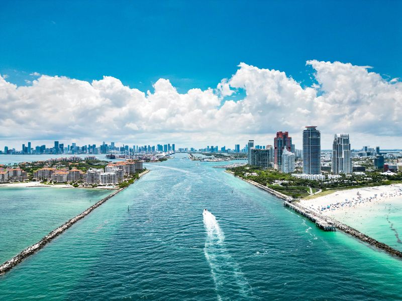 Skyline of Miami from top. Summer in Miami. Miami beach coastline. Panoramic view of Luxury condos in Miami Florida