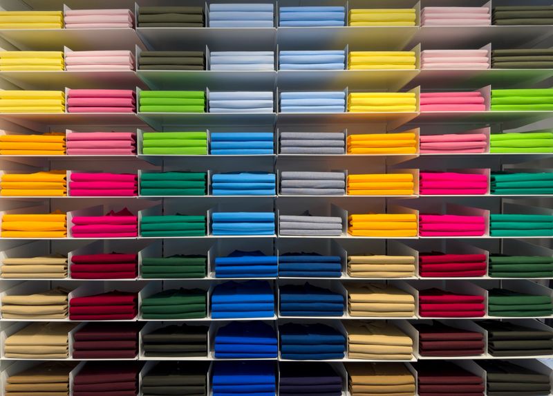 Various vibrant color shirts perfectly folded stacked on the shelf. T-shirt of different color  neatly stacked on shelves. Multicolored