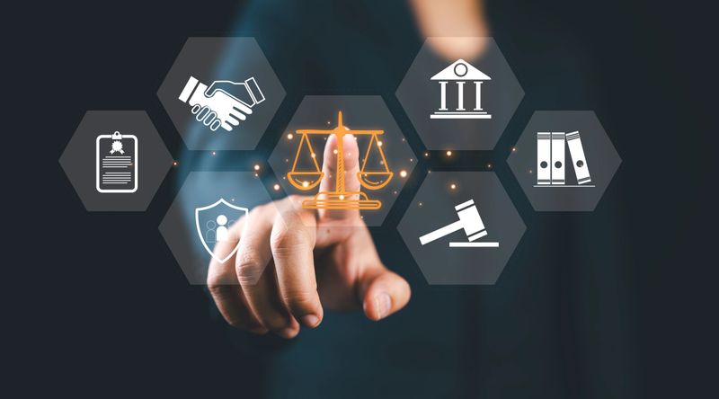 Legal Professional with Justice Icons. A suited legal professional touches virtual icons symbolizing law, justice, and legal services. business legislation, Notary public, legal advice online, Lawyer,