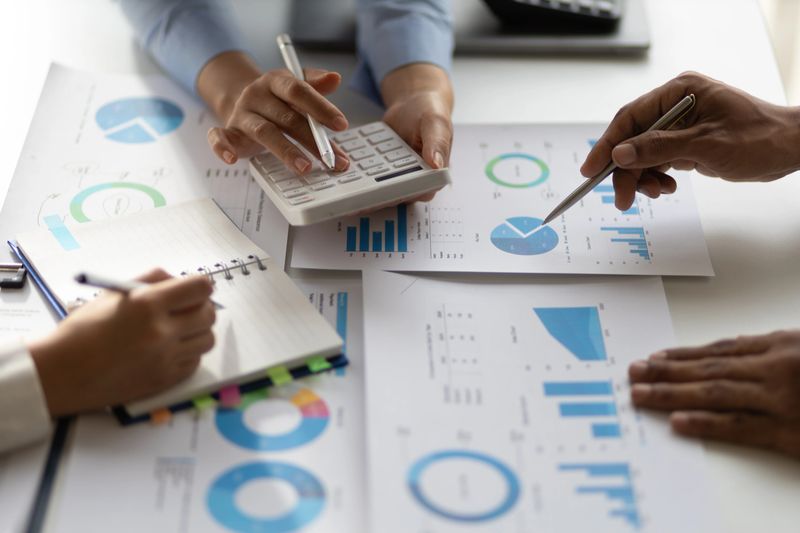 Business consulting meeting is discussing analysis financial data and business growth charts to plan strategy for generating company profits. Discuss cost budget analysis and plan to increase profits.