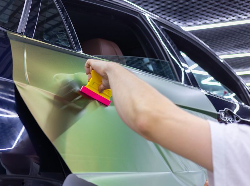 A specialist in wrapping a car with chameleon-colored vinyl film in the process of work. Car wrapping specialists cover the car with vinyl sheet or film. Selective focus.