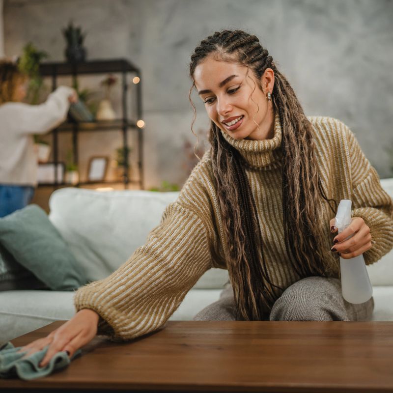 Young woman wipe dust use spray and green fabric cleaning on table in the living room
