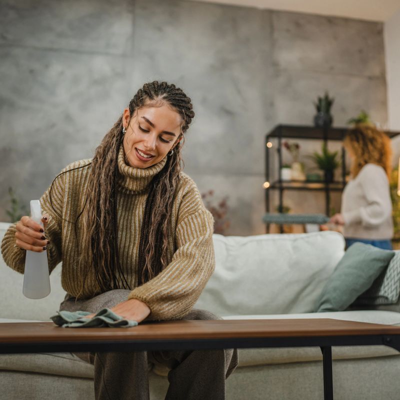 Young woman wipe dust use spray and green fabric cleaning on table in the living room