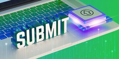 A glowing submit button hovers above a laptop keyboard with a green digital background.