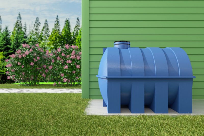Exterior Of a House With Rainwater Tank In Garden . 3D Render