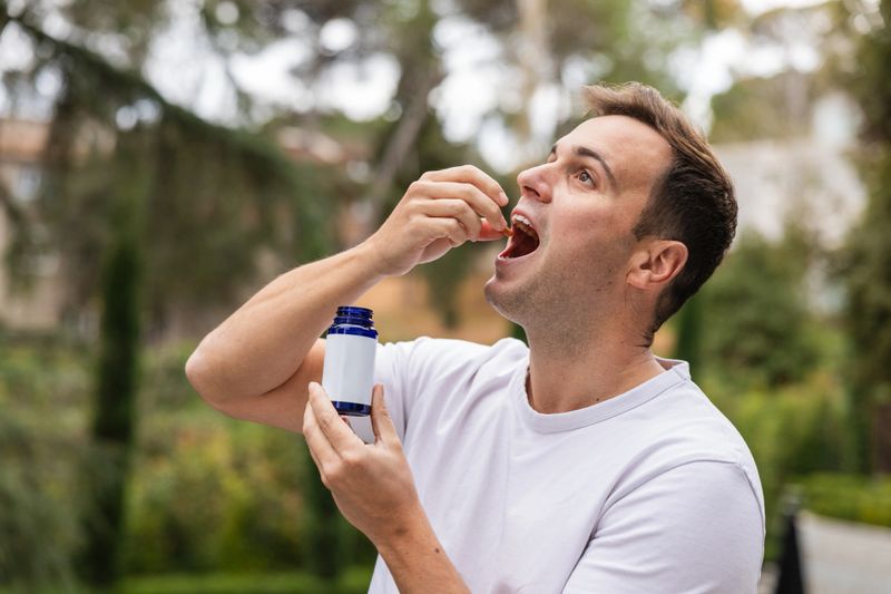 Young man taking a vitamin pill from a supplement bottle while enjoying the tranquility of a park on a sunny day, surrounded by nature