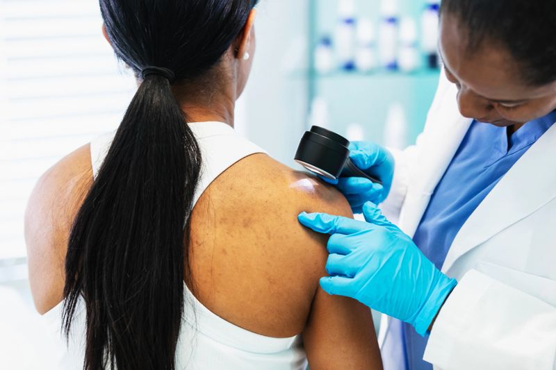 A mature black woman working as a dermatologist giving a medical exam to an Hispanic woman. The patient is sitting on an examination table while the doctor examines the skin on her shoulder with a dermascope.