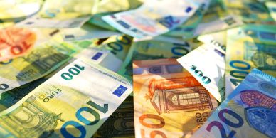 Pile of assorted euro banknotes.