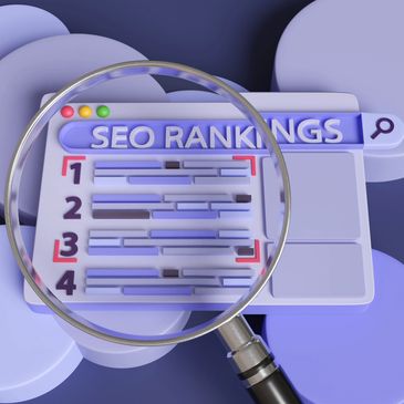 Magnifying glass focusing on SEO rankings in a stylized interface.