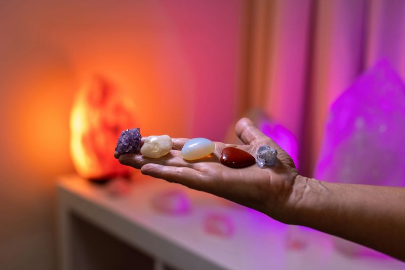 A close-up of an unrecognisable person balancing various crystals with a Himalayan salt rock light glowing orange in the background.

Videos of a similar scenario are available.