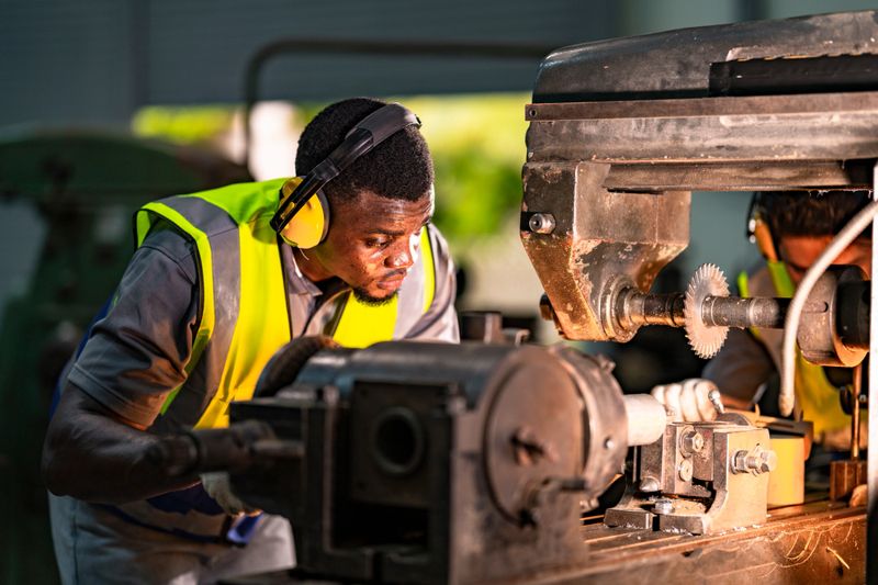 Focused industrial technician operating heavy machinery with precision. Wearing ear protection and safety gear, the professional works in a brightly lit workshop, emphasizing safety and expertise.