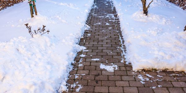 Snow-covered brick pathway in a winter setting.