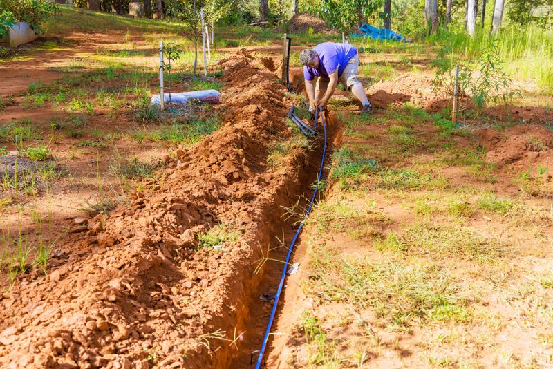 Plumber works diligently to dig trench install an PVC water pipe irrigation line in lush garden surrounded by trees.