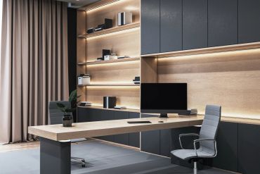 Modern minimalist office workspace with wooden and dark cabinetry.