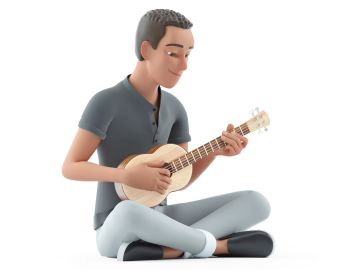 3D man playing a small guitar sitting cross-legged.
