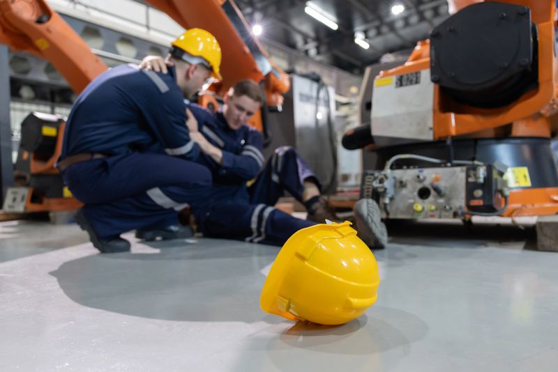 Close up on yellow hardhat with caucasian worker helping an injured colleague on the floor in robotic arms factory