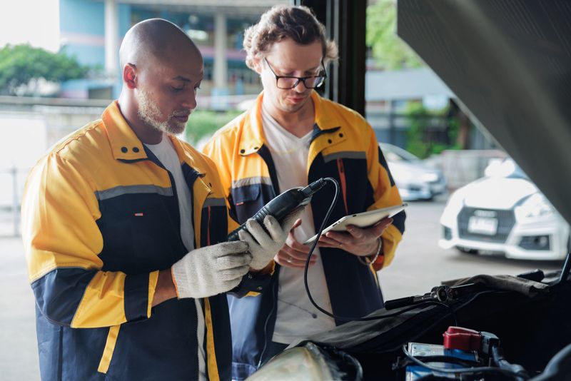 Two professional automotive technicians wearing uniforms are diagnosing engine issues in a modern garage. One mechanic is using a diagnostic tool to test the car's systems, while the other is recording data on a tablet. The image highlights teamwork, technical expertise, and the use of advanced tools in vehicle maintenance and repair services.