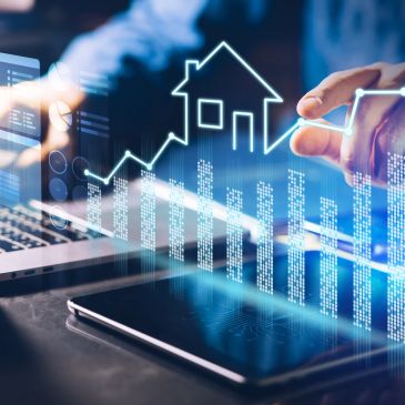 Digital real estate market analysis with futuristic data visualization.