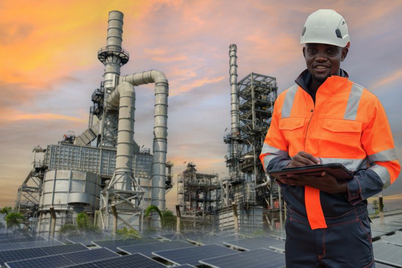 Engineer on the background of gas turbine power plant and solar panels in the morning supporting all factories in the industrial estate.
